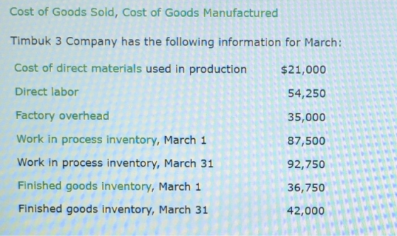 Cost of Goods Sold, Cost of Goods Manufactured Timbuk 3 Company has the following information for March: Cost of direct mater