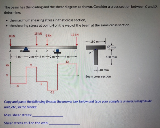 The beam has the loading and the shear diagram as shown. Consider a cross section between C and D, determine: • the maximum s