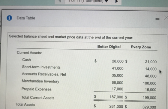 complete) i Data Table X Selected balance sheet and market price data at the end of the current year: Better Digital Every Zo