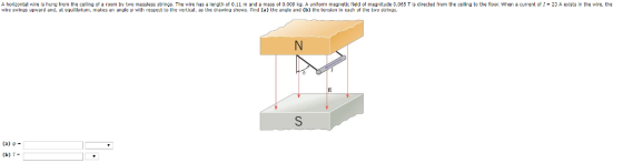 A horizontal wire is hung frem the celing of a room by two massless strings. The wire has a length of 0.11 m and a mass of 0.009 kp. A unifom magnetic field of magnitude 0.065 T is directed from the ceiling to the floor. When a current of - 23 A exists in the wire, the wire swings upward and, at equi ibrium, makes an angle with respest to the vertical, as the drawing shows. Find (a) the angle and (b) the tension in each of the two strirngs. maespect lo an anole tu) a. (b) T-