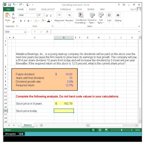 ? X Calculating stock price - Excel FORMULAS DATA REVIEW - Sign In FILE HOME INSERT PAGE LAYOUT VIEW Arial -12 A À Paste B IU