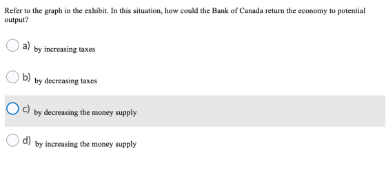 Refer to the graph in the exhibit. In this situation, how could the Bank of Canada return the economy to potential output? a)