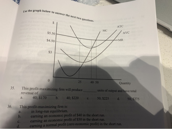 Use the graph below oh below to answer the next two questions. ATC MC $5.50 AVC $4.50 -MR $3 25 40 50 Quantity 35. This profi