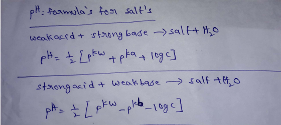 pH formulas for salts weak acid + strong base -salft to pH = Ź [pkw tpka + logc] strong acid tweakbase salf to pH = ₃ [ pk