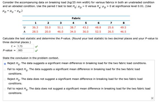 Consider the accompanying data on breaking load (kg/25 mm width) for various fabrics in both an unabraded condition and an ab