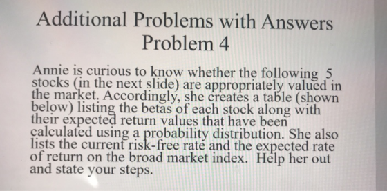 Additional Problems with Answers Problem 4 Annie is curious to know whether the following 5 stocks (in the next slide) are ap