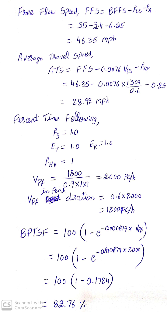 Free Flow Sped, FFS= BFFS-hs A 55-9.4-6.35 46.35 mph Aveage 13avel sped ATS= FFS 0.007 Vps-Fap 46.35- 0.0076 x1309 - 0.85 0.6