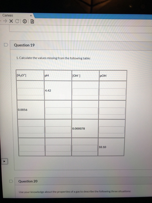 Canvas -X Question 19 1. Calculate the values missing from the following table: [H30*1 pH (OH) POH 4.42 0.0056 0.000078 10.10