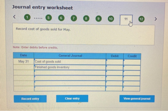 Journal entry worksheet < 0 ..... 6 6 0 6 O Record cost of goods sold for May. Note: Enter debits before credits. Debit Credi