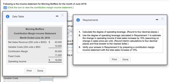 Following is the income statement for Morning Mufflers for the month of June 2018: B (Click the icon to view the contribution