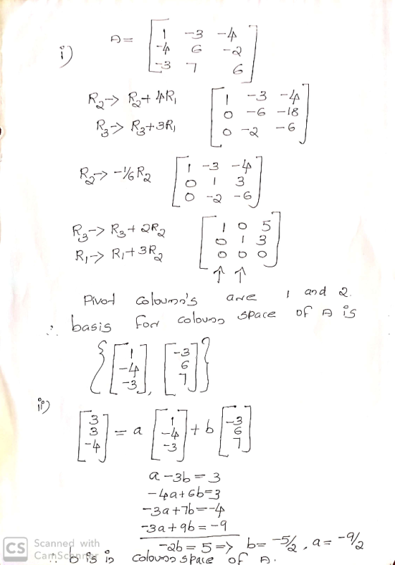 A 1 -3 6 -1 -2 7 / 4 0 -6 -18 R3-> R3+3R, 10 a -6 18 Ro->-76Rm1 -3 -47 2 162 Tol 3 Lo-2-6 R3-> R3+ QR2 T o 5 Jo! 31 R,-> Ri+3