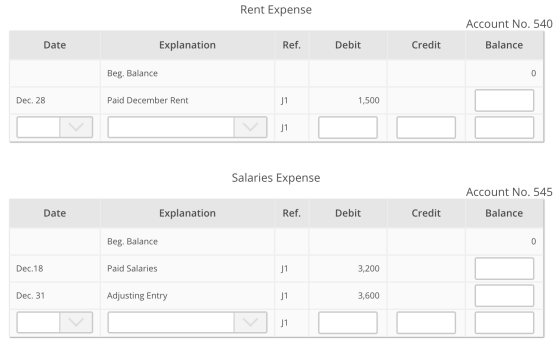 Rent Expense Account No. 540 Date Explanation Ref. Debit Credit Balance Beg. Balance 0 Dec. 28 Paid December Rent J1 1,500 J1