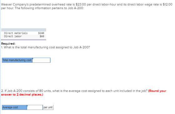 Weaver Companys predetermined overhead rate is $23.00 per direct labor-hour and its direct labor wage rate is $12.00 per hou
