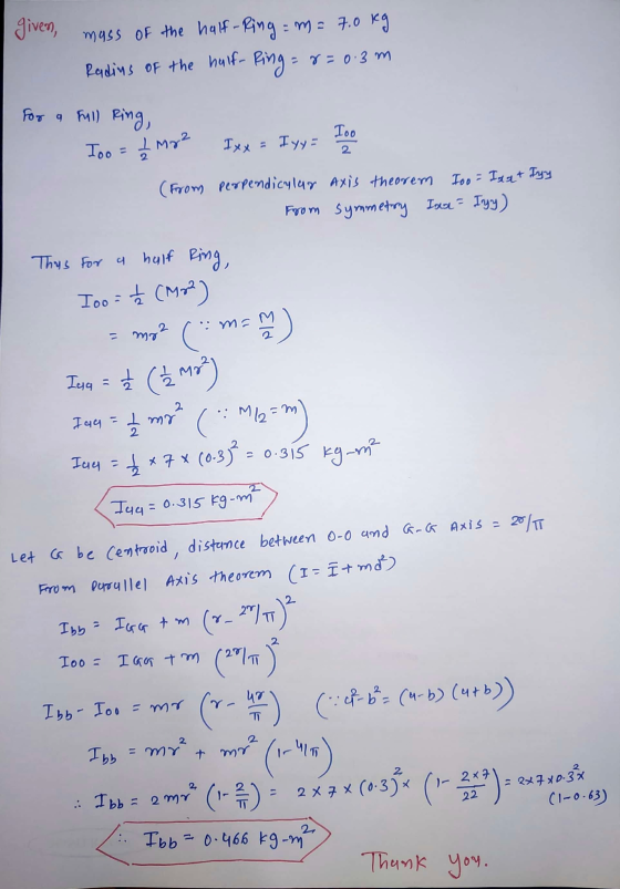 given, mass of the half-Ring = m = 7.0 kg Radius of the half- Ring = =r=0.3 m For a full ring, Тоо Too = 1 mg ² Ixx = Iyy 2 (