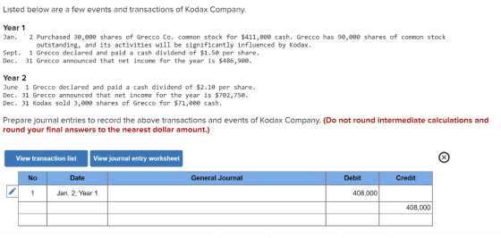 Listed below are a few events and transactions of Kodax Company Year 1 Jan. 2 Purchased 30,000 shares of Grecco Co. common st