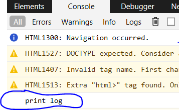 Elements Console Debugger Ne All Errors Warnings Info Logs d o HTML1300: Navigation occurred. A HTML1527: DOCTYPE expected. C
