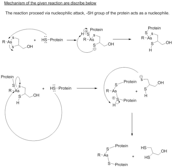 Mechanism of the given reaction are discribe below The reaction proceed via nucleophilic attack, -SH group of the protein acts as a nucleophile Protein Protein H-S s R-As + HS-Protein R-As OH R-As он OH Protein Protein OH HS-Protein IR-As OH SProtein Protein HS он R-As HS SProtein