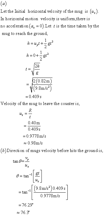Let theInitial horizontal vel coity ofthe mug is (%) In horizontal motion velocity is uniform,there is no acceleration (a,-0) Let t is the time taken by the mug to reach the ground 2(0.82m) 9.8m/s 0.409 s Velocity of the mug to leave the counter is, 0.40m 0.409s =0.9778m/s 0.98m/s (b) Direction of mugs velocity before hits the ground is tan θ= 그 = tan (9.8m/s2)0.409s 0.9778m/s = tan- =762ダ 76.3