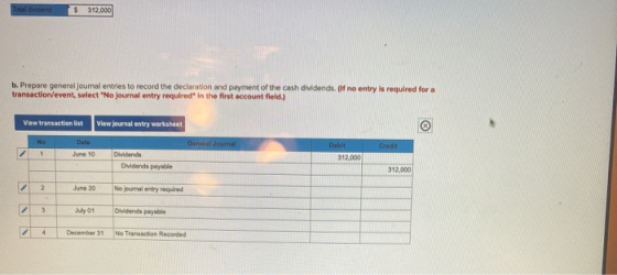 Total dividend $ 312.000 b. Prepare general journal entries to record the declaration and payment of the cash dividends. If n