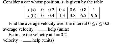 Consider a car whose position, s, is given by the table t(s) 0 0.2 0.4 0.6 0.8 1 s (ft) 0 0.4 1.3 3.8 6.5 9.6 Find the averag