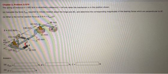 Chapter 3, Problem 3/079 The spring of modulusk - 600 N/m is stretched a distance d = 44 mm when the mechanism is in the posi
