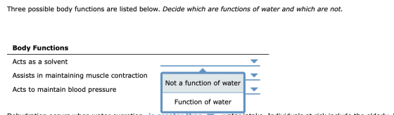 Three possible body functions are listed below. Decide which are functions of water and which are not. Body Functions Acts as