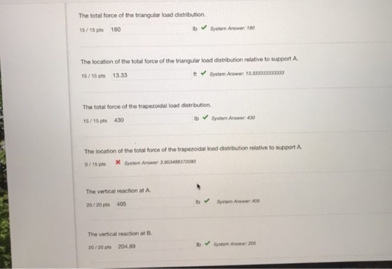The total force of the triangular load distribution 15/15 pts 180 ib System Answer: 180 The location of the total force of th