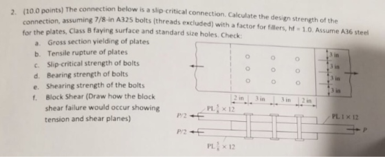 ints) The connection below is a slip-critical connection. Calculate the design strength of the n assuming 7/8-in A325 bolts (threads excluded) with a factor for fillers, hf -1.0 Assume A36 steel tes, Class 8 faying surface and standard size holes. Check a. Gross section yielding of plates b. Tensile rupture of plates c. Slip-critical strength of bolts d. Bearing strength of bolts e. Shearing strength of the bolts f. Block Shear (Draw how the block 3 in 3 in o O 3 in .PLİ × 12 shear failure would occur showing tension and shear planes) PL1 x 12 PLI × 12