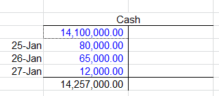 25-Jan 26-Jan 27-Jan Cash 14,100,000.00 80,000.00 65,000.00 12,000.00 14,257,000.00