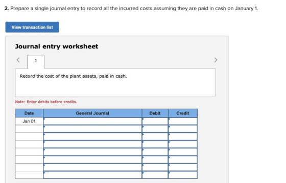 2. Prepare a single journal entry to record all the incurred costs assuming they are paid in cash on January 1. View transact