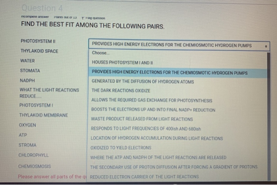 Question incompete answer ons OUR OF 13 Y ag question FIND THE BEST FIT AMONG THE FOLLOWING PAIRS. PHOTOSYSTEM II PROVIDES HI