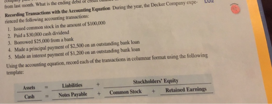 company P from last month. What is the ending debit or creul i Recording Transactions with the Accounting Equation During the year, the Decker Company expe L0 rienced the following accounting transactions: 1. Issued common stock in the amount of $100,000 2. Paid a $30,000 cash dividend 3. Borrowed $25,000 from a bank 4. Made a principal payment of $2,500 on an outstanding bank loan 5. Made an interest payment of $1,200 on an outstanding bank loan Using the accounting equation, record each of the transactions in columnar format using the following template Liabilities + Notes PayableCommon Stock+ Retained Earnings Assets Stockholders Equity Cash