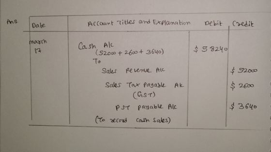 Ans. Account Titles and Explanation Debit Credit Date march 17 $ 58240 Cash Al (5200 + 2600+ 3640) To Sales Revenue Al Sales