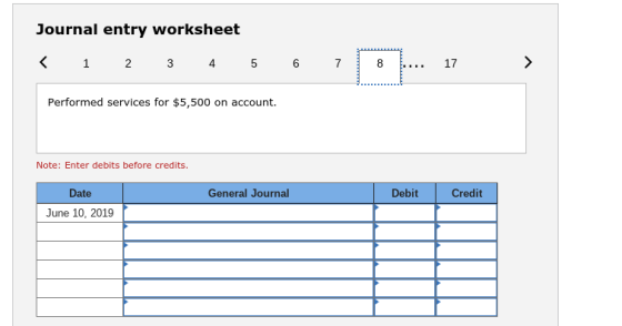 Journal entry worksheet 8 17 Performed services for $5,500 on account. Note: Enter debits before credits. Date General Journal Debit Credit June 10, 2019