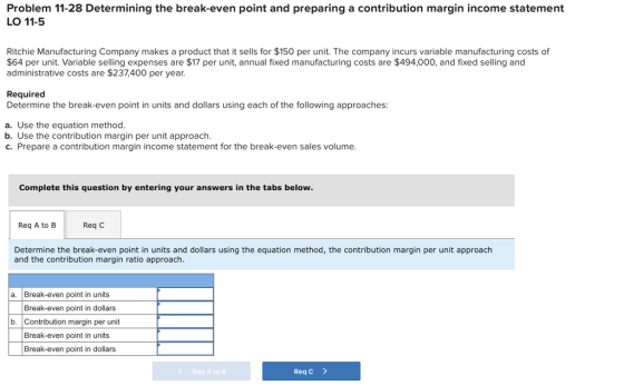 Problem 11-28 Determining the break-even point and preparing a contribution margin income statement LO 11-5 Ritchie Manufacturing Company makes a product that it sells for $150 per unit. The company incurs variable manufacturing costs of $64 per unit. Variable selling expenses are $17 per unit, annual fixed manufacturing costs are $494,000, and fixed selling andd administrative costs are $237,400 per year. Required Determine the break-even point in units and dollars using each of the following approaches: a. Use the equation method b. Use the contribution margin per unit approach. c. Prepare a contribution margin income statement for the break-even sales volume. Complete this question by entering your answers in the tabs below. Req A to B | Req C Determine the break-even point in units and dollars using the equation method, the contribution margin per unit approach and the contribution margin ratio approach. a. Break-even point in units Break-even point in dollars b. Contribution margin per unit Break-even point in units Break-even point in dollars Req A to B Req C