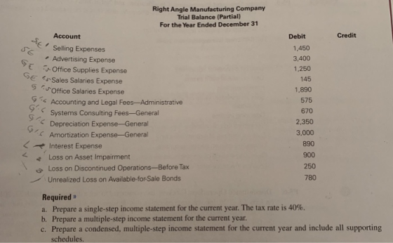 Credit SE 56 Seling A Right Angle Manufacturing Company Trial Balance (Partial) For the Year Ended December 31 Account Sellin