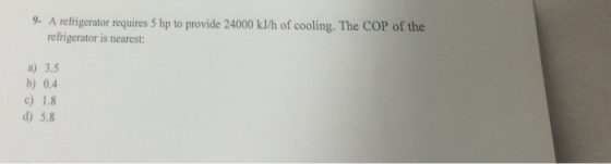 A refrigerator requires 5 hp to provide 24000 kJ/h