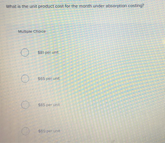What is the unit product cost for the month under absorption costing? Multiple Choice ) $81 per unit 0 $65 per unit 0 $85 per