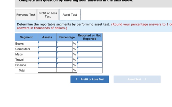 Profit or Loss Test Revenue Test Asset Test Determine the reportable segments by performing asset test. (Round your percentag