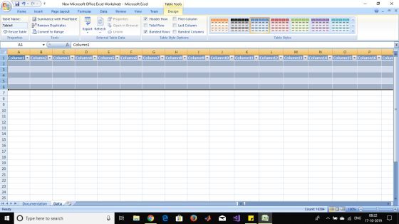 C - 9 X O Home Table Name: ) New Microsoft Office Excel Worksheet - Microsoft Excel Table Tools Insert Page Layout Formulas D
