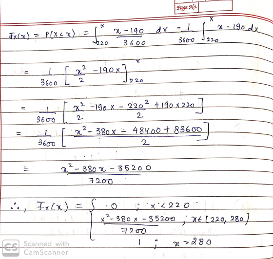Page No. X 11 - 190 dx ty -190 Exca) = P(x – 1) 3600 220 220 3GOO 2 -1900 U x x ] 3600 220 2 q? -190 X - 220 +190x220] U 2 2