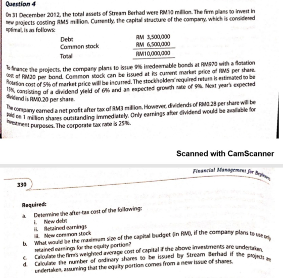Question 4 On 31 December 2012, the total assets of Stream Berhad were RM10 million. The firm plans to invest in new projects