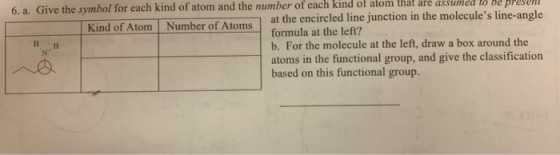 6. a. Give the symbol for each kind of atom and the number of each kind of atom that are assumed to be presene Kind of Atom N