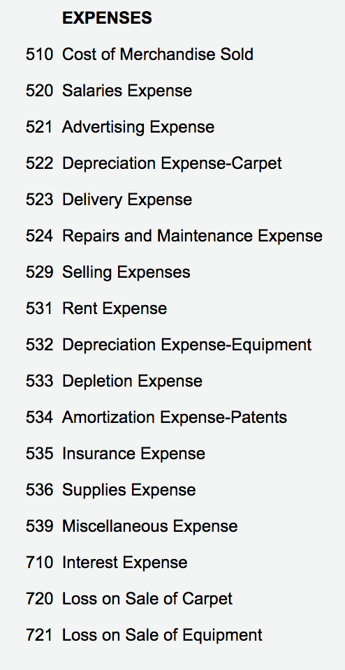EXPENSES 510 Cost of Merchandise Sold 520 Salaries Expense 521 Advertising Expense 522 Depreciation Expense-Carpet 523 Delive