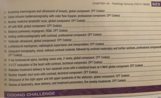 CHAPTER 44 Radiology Services (70010-79999) 923 11. Screening mammogram and ultrasound of breasts, global component. CPT Code