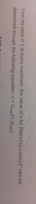 From the value of X at every maximum, the value of n for [Ni(H2O)s-2n(en)n]2* can be determined through the following equatio