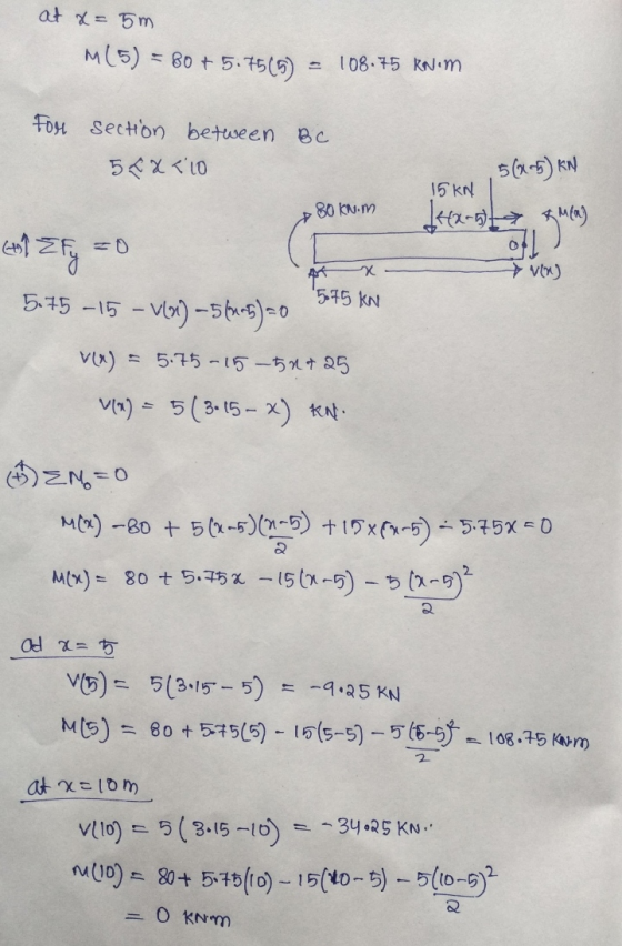 at x= 5m M(5) = 80 + 5.7505) = 108.75 kv.m For section between BC 5<x<10 5 (x+5) KN 80 kn.m 15KN 142 El Efy ol garang Art x