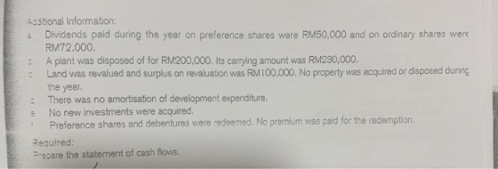 Poditional information: 3 Dividends paid during the year on preference shares were RM50,000 and on ordinary shares were RM72,