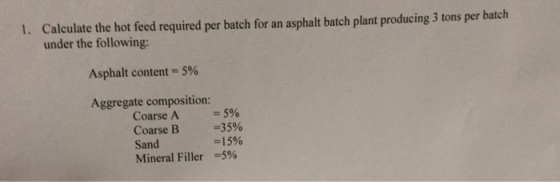 Calculate the hot feed required per batch for an asphalt batch plant producing 3 tons per batch under the following: 1. Asphalt content-5% Aggregate composition: Coarse A- 5% Coarse B -35% Sand Mineral Filler 5% -| 5%