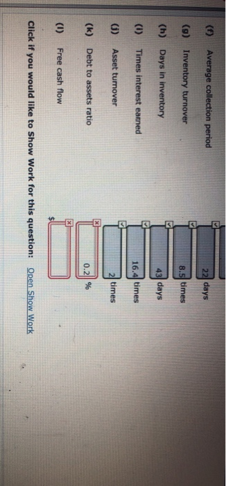 (1) Average collection period 22 days (9) Inventory turnover times (h) Days in inventory days x 33 33 (i) Times interest earn